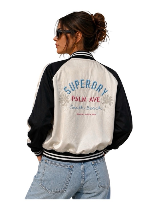 Superdry Jackets & Blazers - Two-Tone Satin Bomber Jacket Embroidered Palm Ave South Beach Cream Black Sz 6
